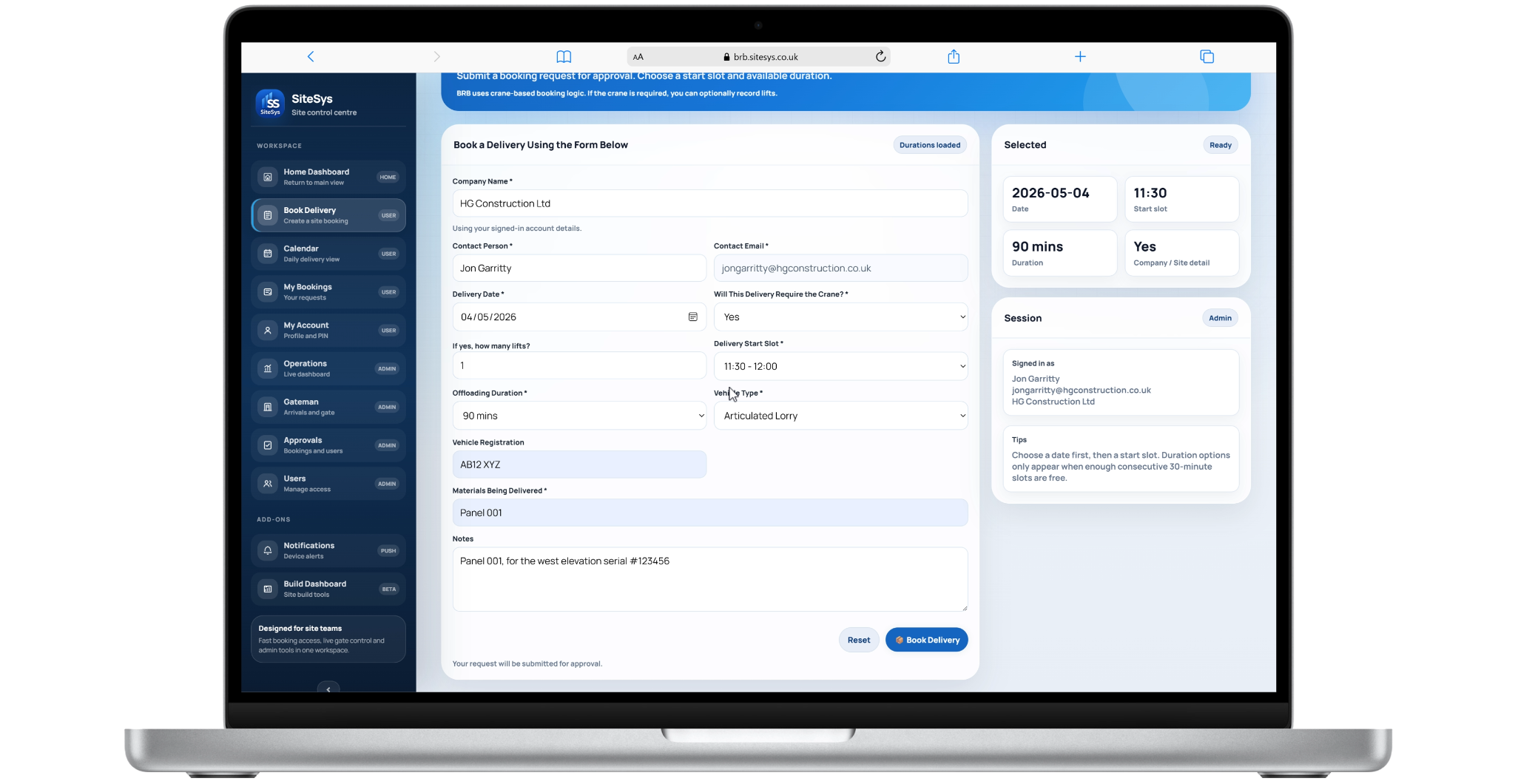 SiteSys booking form shown on a laptop screen