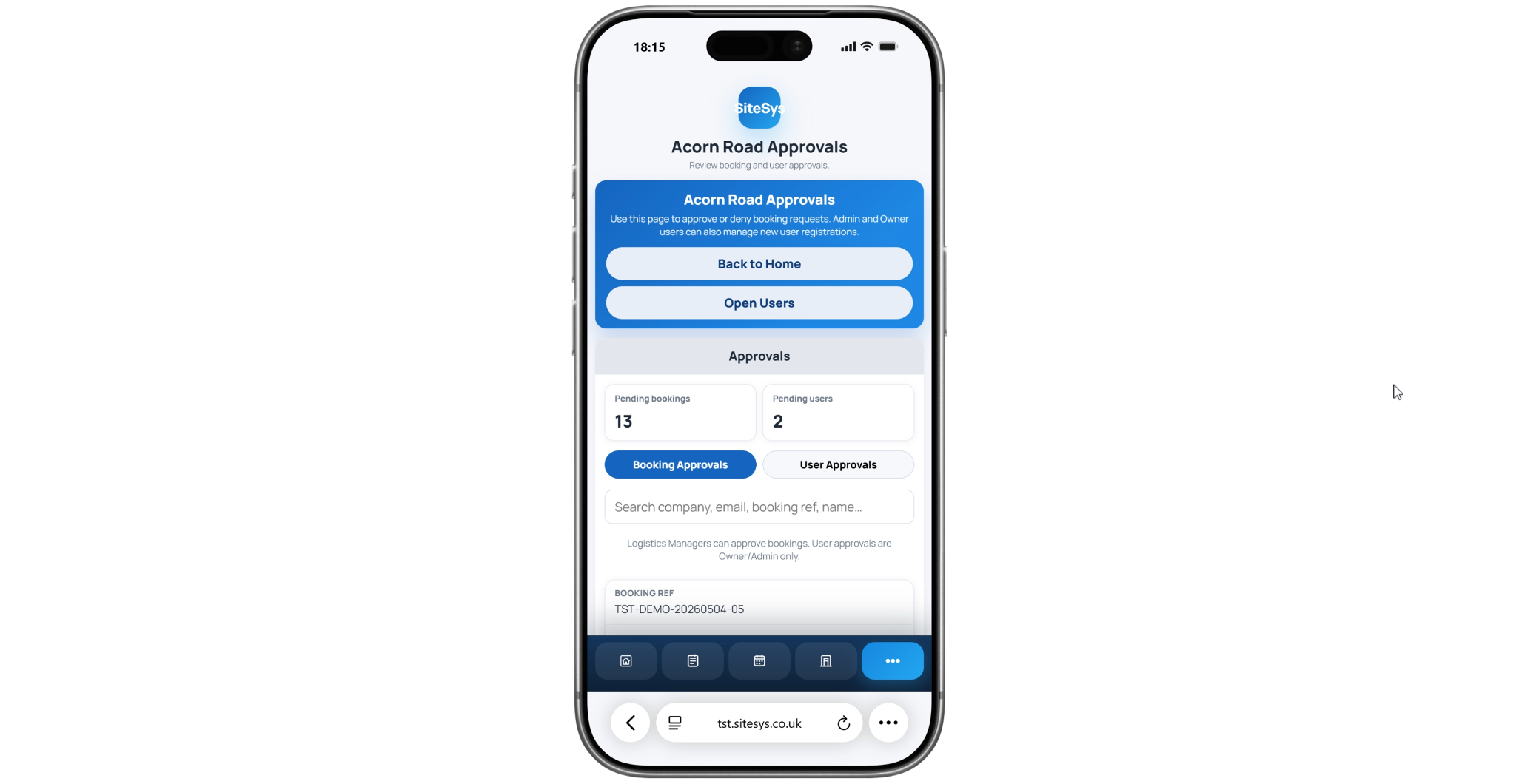 SiteSys approvals page on mobile