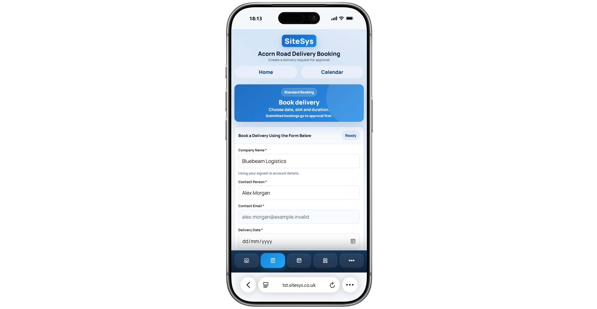 SiteSys delivery booking form on mobile