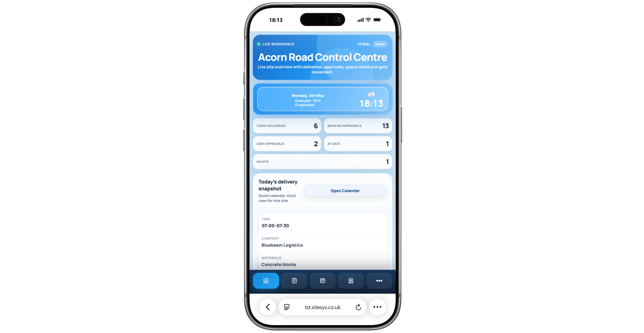 SiteSys control centre dashboard on mobile