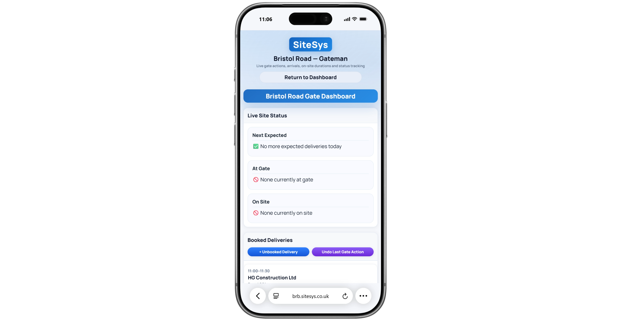 SiteSys gateman dashboard shown on a mobile phone
