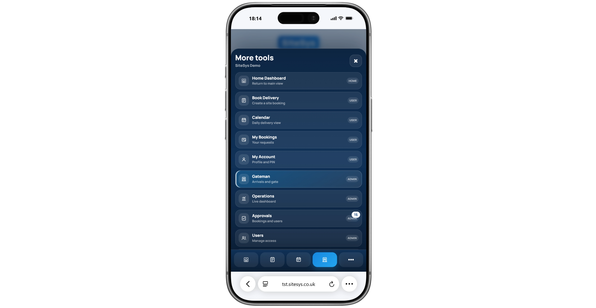 SiteSys mobile More tools menu