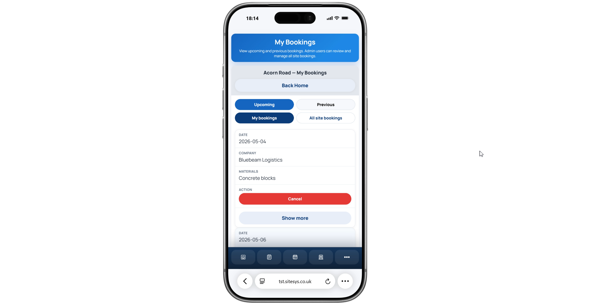 SiteSys my bookings page on mobile